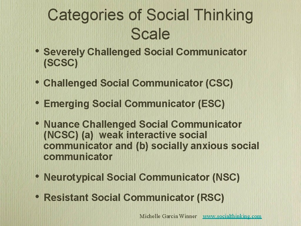 Categories of Social Thinking Scale • Severely Challenged Social Communicator (SCSC) • Challenged Social Categories of Social Thinking Scale • Severely Challenged Social Communicator (SCSC) • Challenged Social