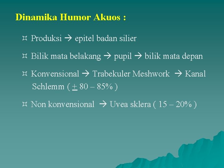 Dinamika Humor Akuos : ³ Produksi epitel badan silier ³ Bilik mata belakang pupil