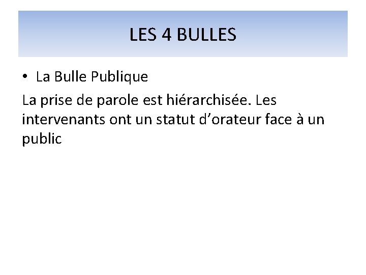 LES 4 BULLES • La Bulle Publique La prise de parole est hiérarchisée. Les LES 4 BULLES • La Bulle Publique La prise de parole est hiérarchisée. Les