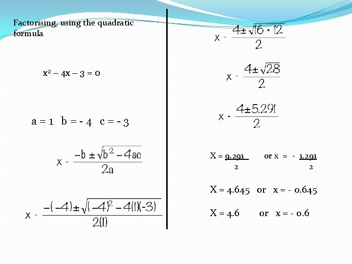 Factorising, using the quadratic formula x 2 – 4 x – 3 = 0