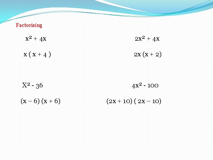 Factorising x² + 4 x x ( x + 4 ) X² - 36