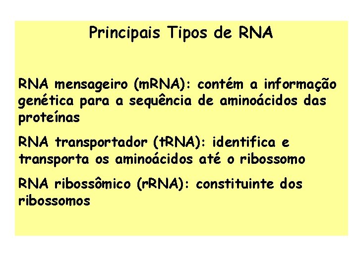 Principais Tipos de RNA mensageiro (m. RNA): contém a informação genética para a sequência