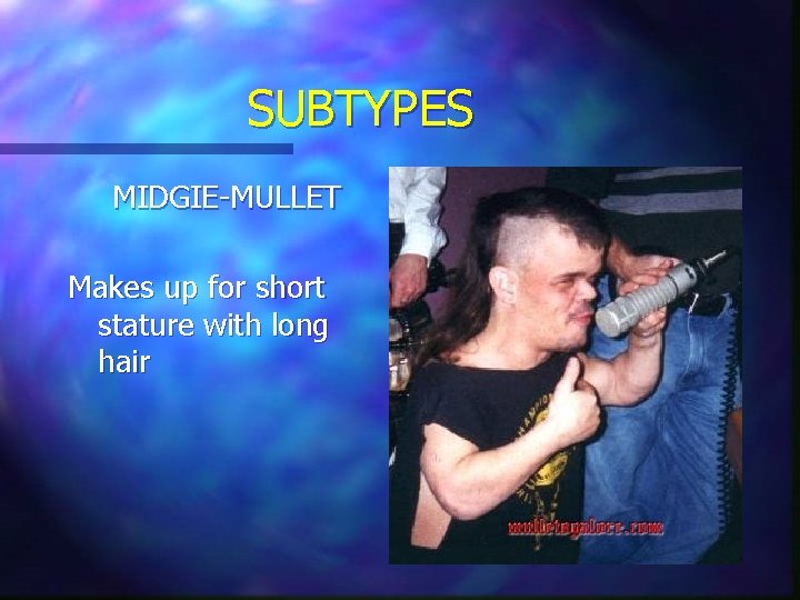SUBTYPES MIDGIE-MULLET Makes up for short stature with long hair 