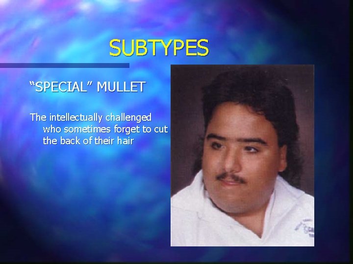 SUBTYPES “SPECIAL” MULLET The intellectually challenged who sometimes forget to cut the back of