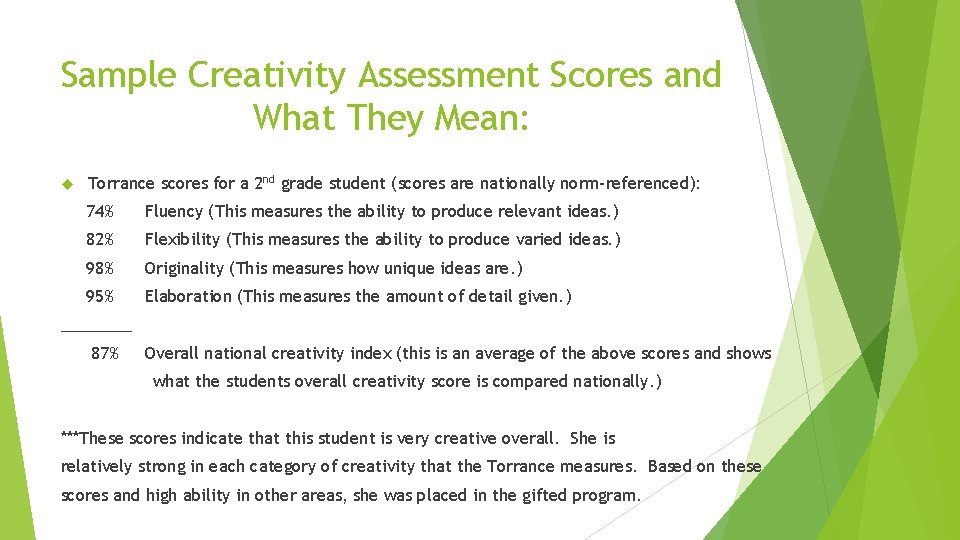 Sample Creativity Assessment Scores and What They Mean: Torrance scores for a 2 nd