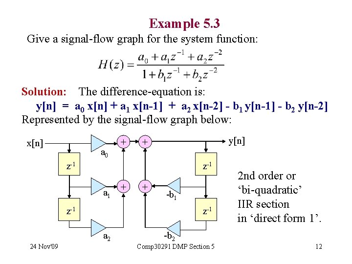 Example 5. 3 Give a signal-flow graph for the system function: Solution: The difference-equation