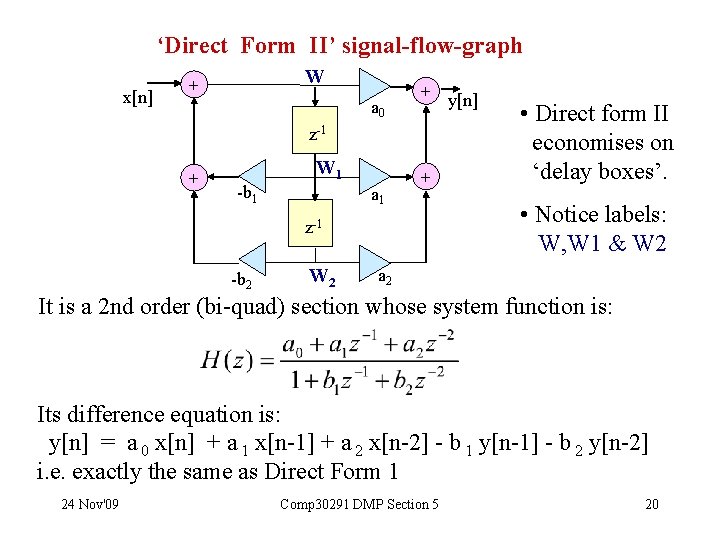 ‘Direct Form II’ signal-flow-graph x[n] W + a 0 + y[n] z-1 + W