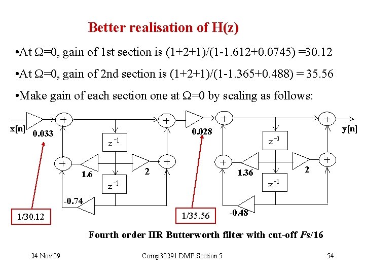 Better realisation of H(z) • At =0, gain of 1 st section is (1+2+1)/(1