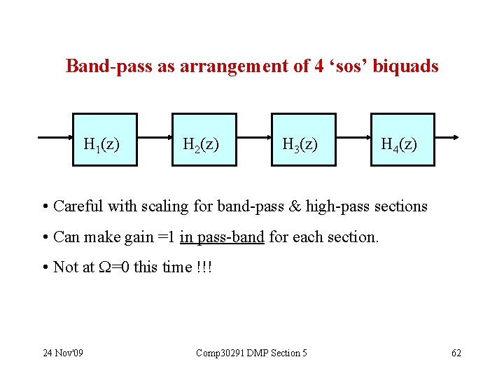 Band-pass as arrangement of 4 ‘sos’ biquads H 1(z) H 2(z) H 3(z) H