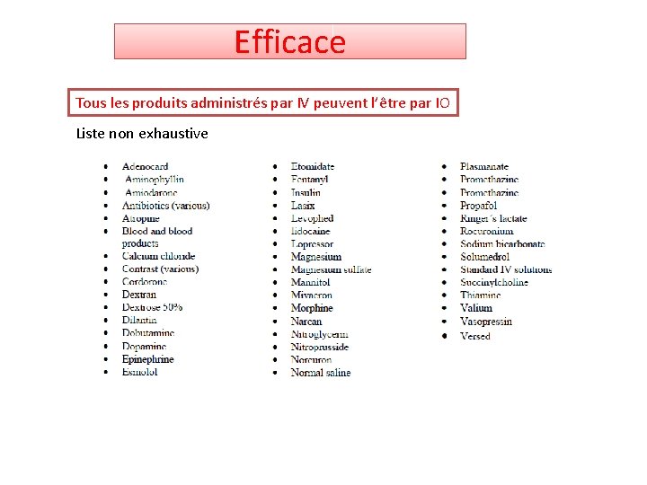 Efficace Tous les produits administrés par IV peuvent l’être par IO Liste non exhaustive