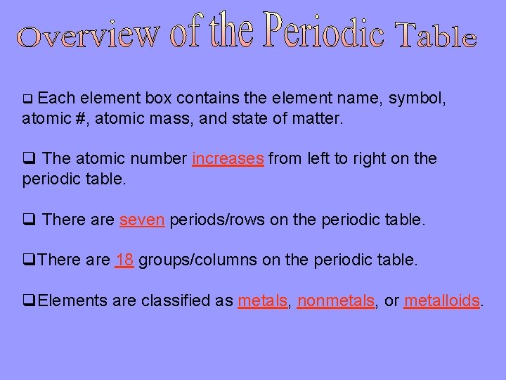 q Each element box contains the element name, symbol, atomic #, atomic mass, and q Each element box contains the element name, symbol, atomic #, atomic mass, and