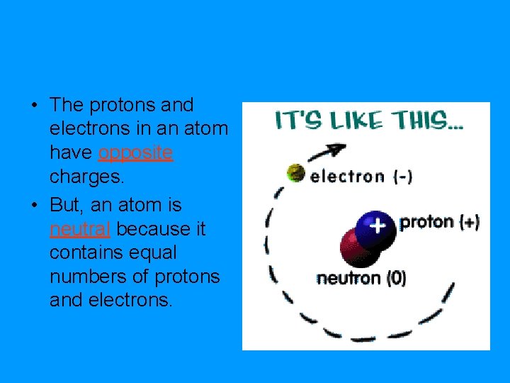 • The protons and electrons in an atom have opposite charges. • But, • The protons and electrons in an atom have opposite charges. • But,