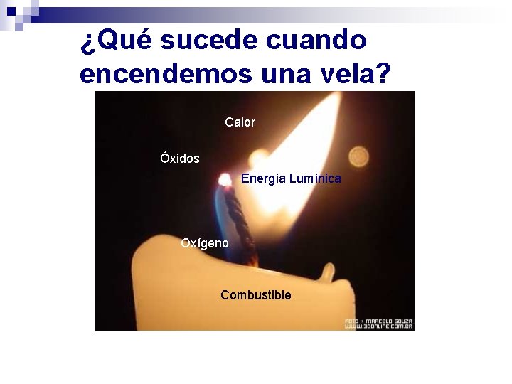 ¿Qué sucede cuando encendemos una vela? Calor Óxidos Energía Lumínica Oxígeno Combustible 