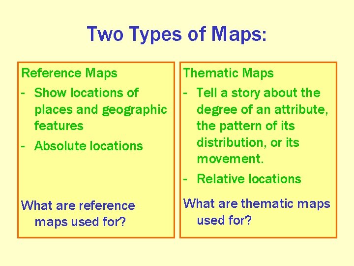 Two Types of Maps: Reference Maps - Show locations of places and geographic features