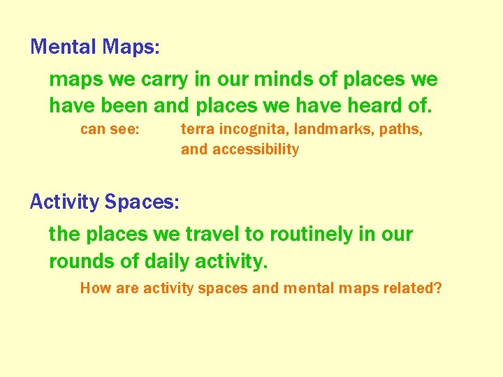 Mental Maps: maps we carry in our minds of places we have been and