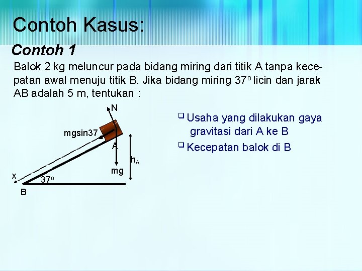 Contoh Kasus: Contoh 1 Balok 2 kg meluncur pada bidang miring dari titik A