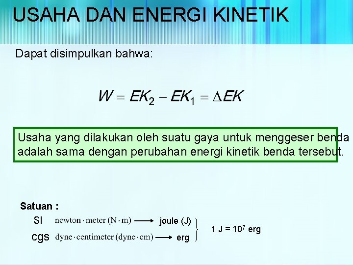 USAHA DAN ENERGI KINETIK Dapat disimpulkan bahwa: Usaha yang dilakukan oleh suatu gaya untuk