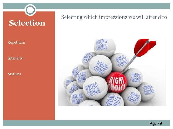 Selection Selecting which impressions we will attend to Repetition Intensity Motives Pg. 79 Selection Selecting which impressions we will attend to Repetition Intensity Motives Pg. 79