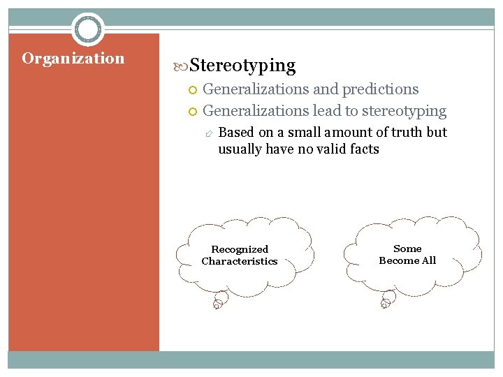 Organization Stereotyping Generalizations and predictions Generalizations lead to stereotyping Based on a small amount Organization Stereotyping Generalizations and predictions Generalizations lead to stereotyping Based on a small amount