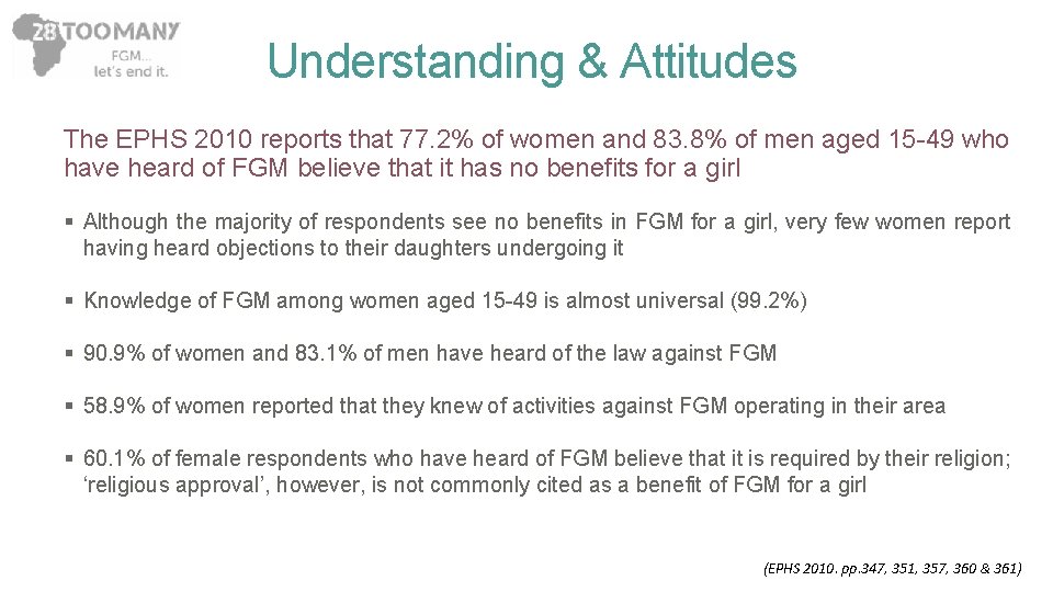 Understanding & Attitudes The EPHS 2010 reports that 77. 2% of women and 83.