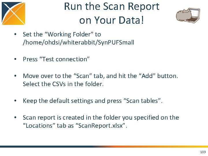 Run the Scan Report on Your Data! • Set the “Working Folder” to /home/ohdsi/whiterabbit/Syn.