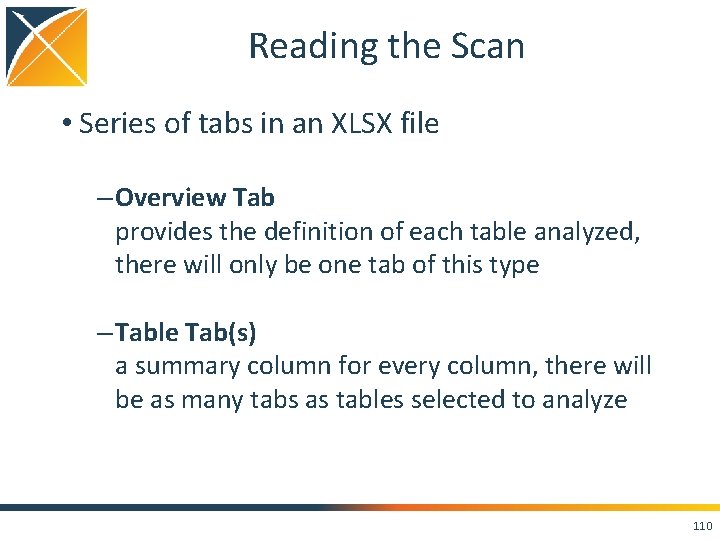 Reading the Scan • Series of tabs in an XLSX file – Overview Tab