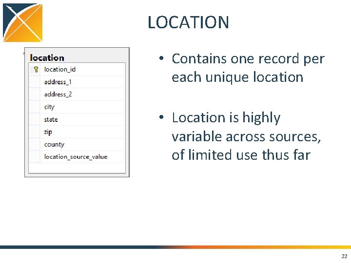 LOCATION • Contains one record per each unique location • Location is highly variable