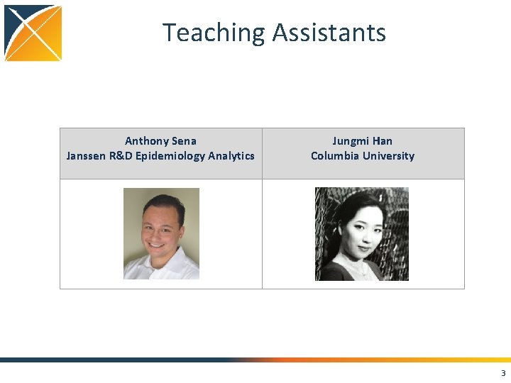 Teaching Assistants Anthony Sena Janssen R&D Epidemiology Analytics Jungmi Han Columbia University 3 