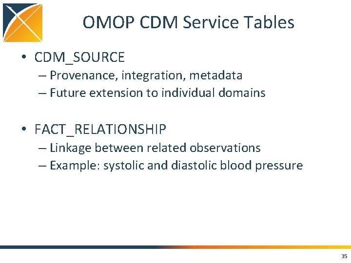 OMOP CDM Service Tables • CDM_SOURCE – Provenance, integration, metadata – Future extension to