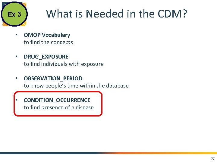 Ex 3 What is Needed in the CDM? • OMOP Vocabulary to find the