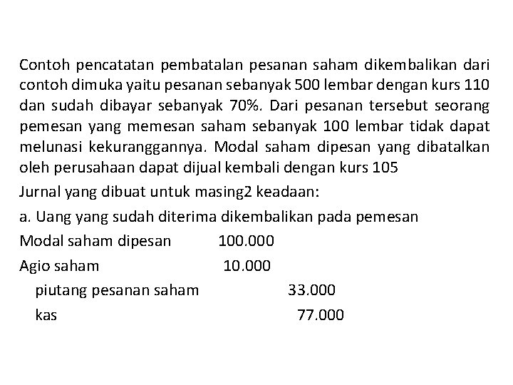 Contoh pencatatan pembatalan pesanan saham dikembalikan dari contoh dimuka yaitu pesanan sebanyak 500 lembar