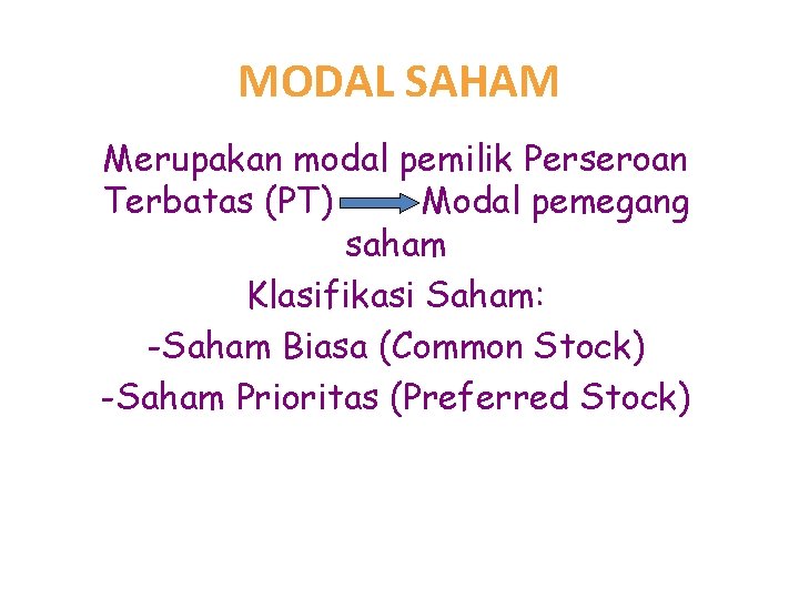 MODAL SAHAM Merupakan modal pemilik Perseroan Terbatas (PT) Modal pemegang saham Klasifikasi Saham: -Saham