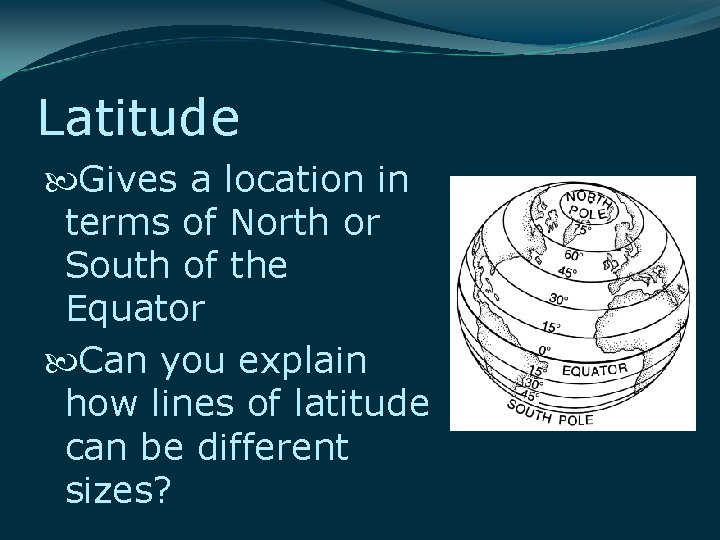 Latitude Gives a location in terms of North or South of the Equator Can