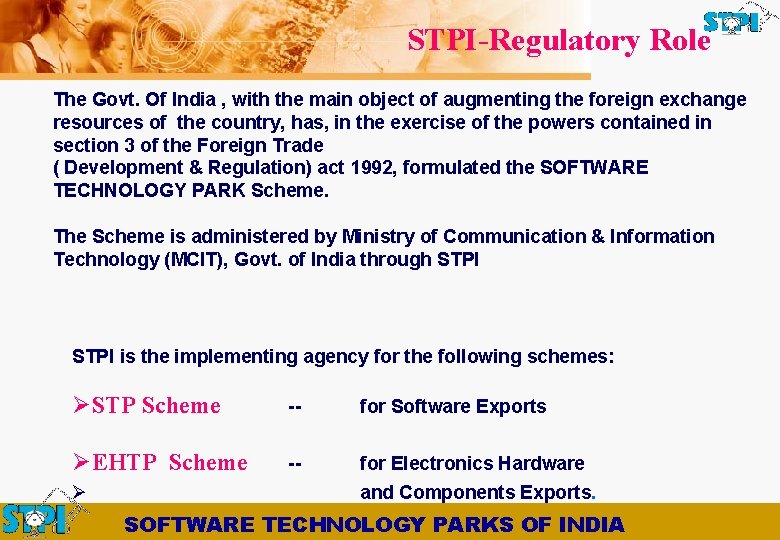 STPI-Regulatory Role The Govt. Of India , with the main object of augmenting the