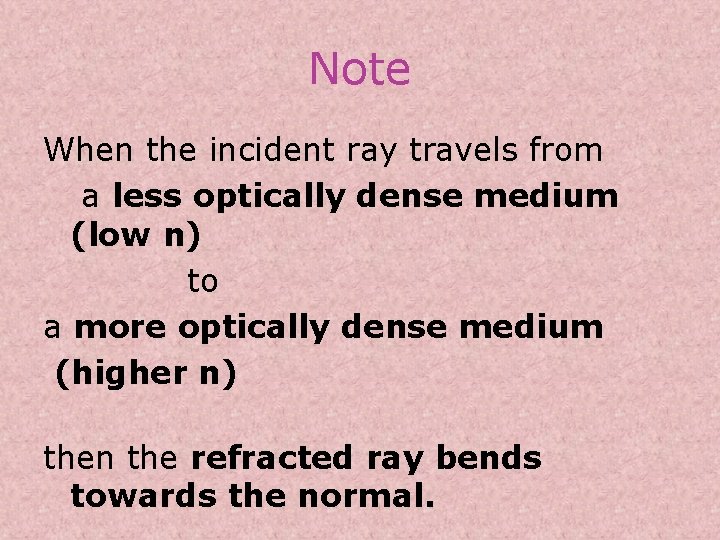 Note When the incident ray travels from a less optically dense medium (low n)