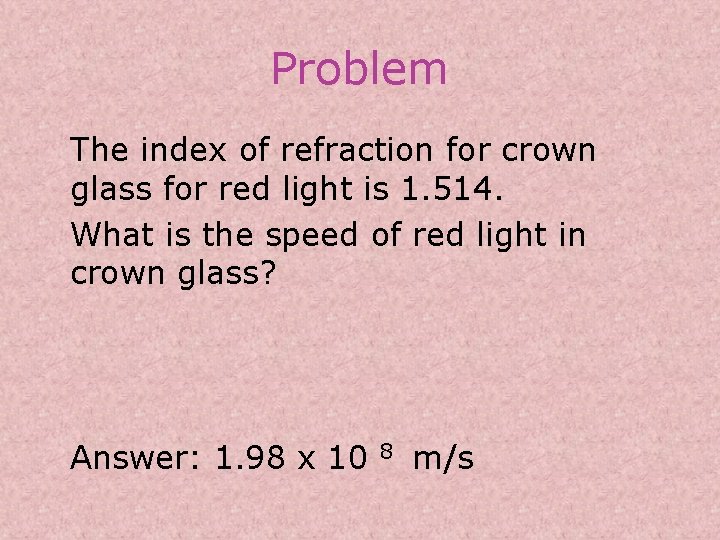 Problem The index of refraction for crown glass for red light is 1. 514.