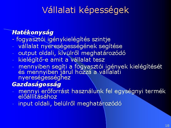 Vállalati képességek Hatékonyság - fogyasztói igénykielégítés szintje - vállalat nyereségességének segítése - output oldali,