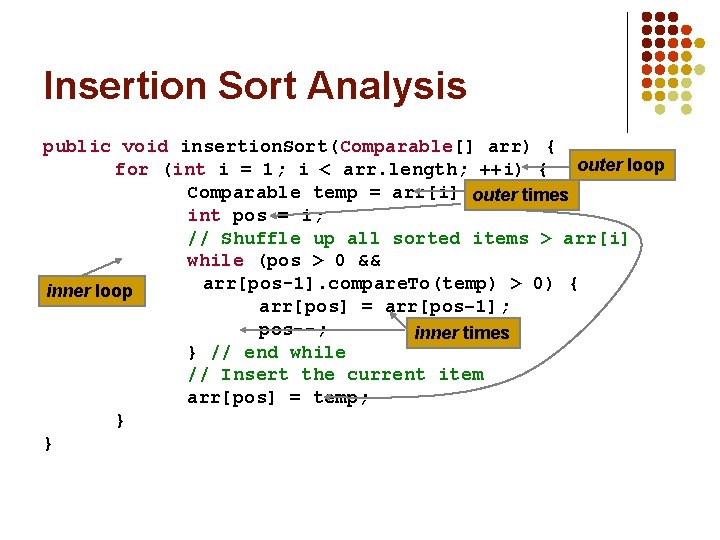 Insertion Sort Analysis public void insertion. Sort(Comparable[] arr) { for (int i = 1;