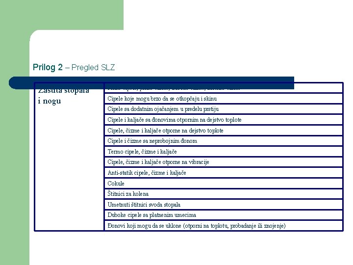Prilog 2 – Pregled SLZ Zaštita stopala i nogu Plitke cipele, plitke čizme, duboke