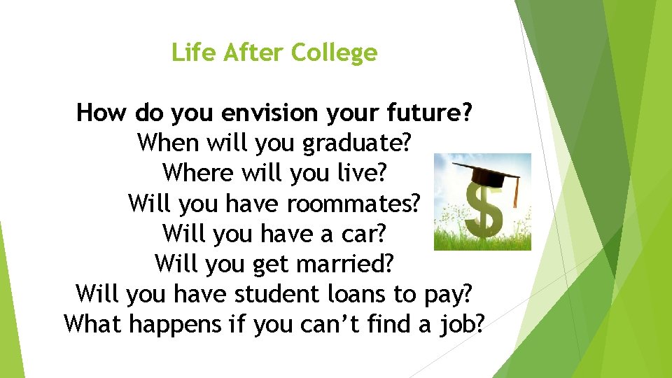 Life After College How do you envision your future? When will you graduate? Where