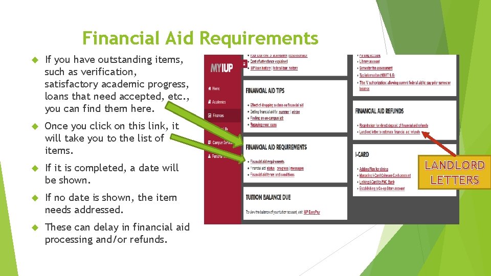 Financial Aid Requirements If you have outstanding items, such as verification, satisfactory academic progress,