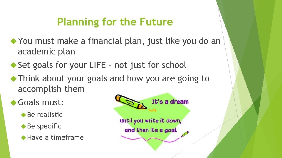 Planning for the Future You must make a financial plan, just like you do