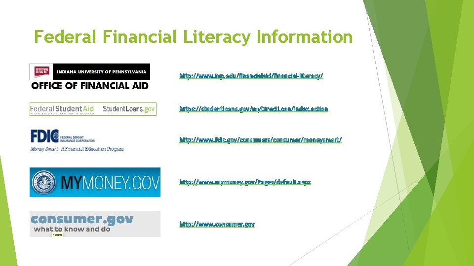 Federal Financial Literacy Information http: //www. iup. edu/financialaid/financial-literacy/ https: //studentloans. gov/my. Direct. Loan/index. action