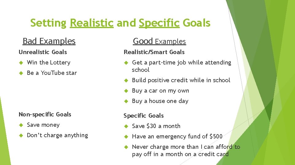 Setting Realistic and Specific Goals Bad Examples Unrealistic Goals Win the Lottery Be a