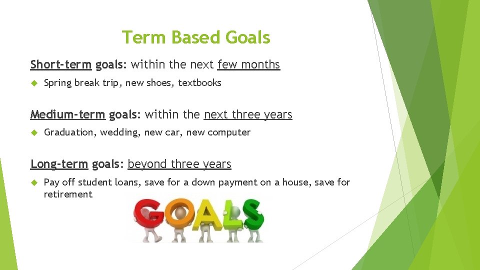 Term Based Goals Short-term goals: within the next few months Spring break trip, new