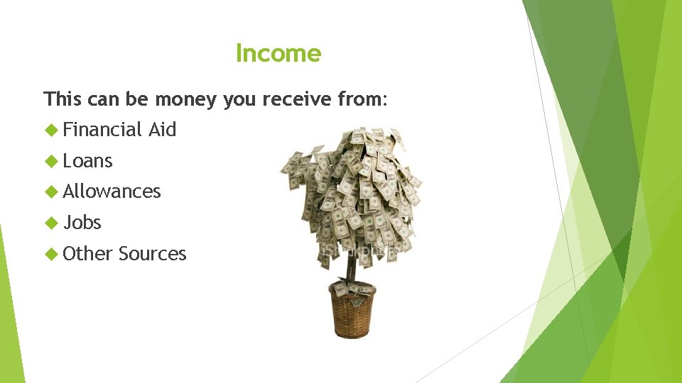 Income This can be money you receive from: Financial Aid Loans Allowances Jobs Other