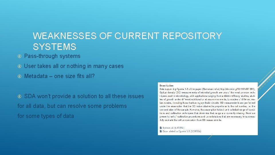 WEAKNESSES OF CURRENT REPOSITORY SYSTEMS Pass-through systems User takes all or nothing in many