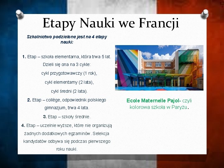 Etapy Nauki we Francji Szkolnictwo podzielone jest na 4 etapy nauki: 1. Etap –