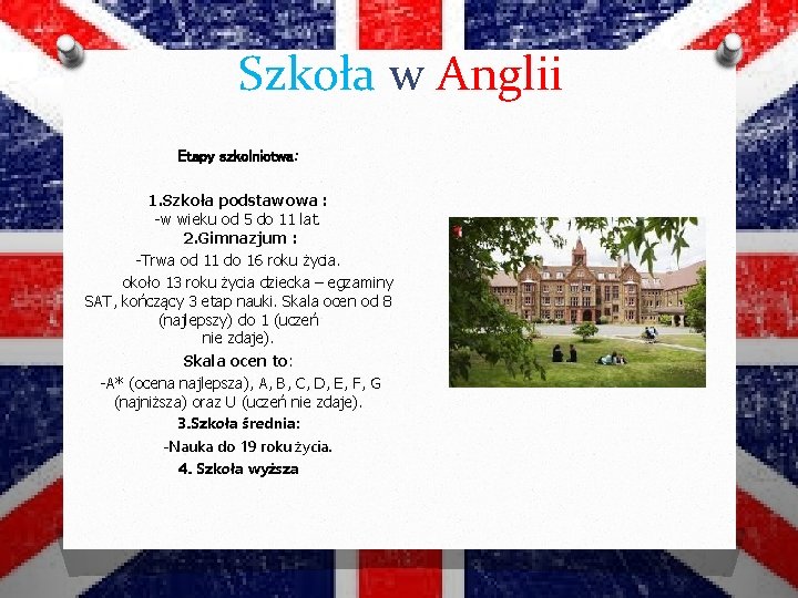 Szkoła w Anglii Etapy szkolnictwa: 1. Szkoła podstawowa : -w wieku od 5 do