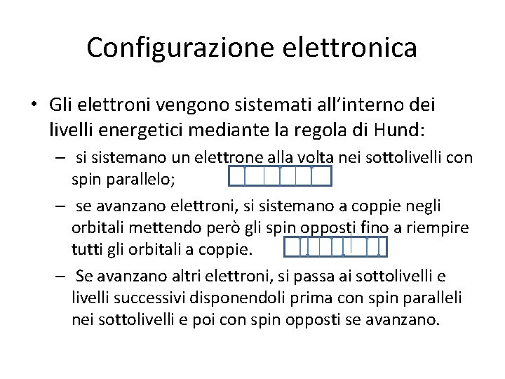 Configurazione elettronica • Gli elettroni vengono sistemati all’interno dei livelli energetici mediante la regola Configurazione elettronica • Gli elettroni vengono sistemati all’interno dei livelli energetici mediante la regola